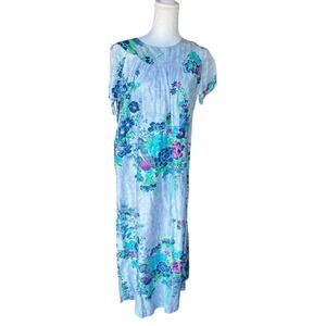 Vintage KIMO'S POLYNESIAN SHOP Hawaii Barkcloth Maxi Dress Blue Floral Size 12
